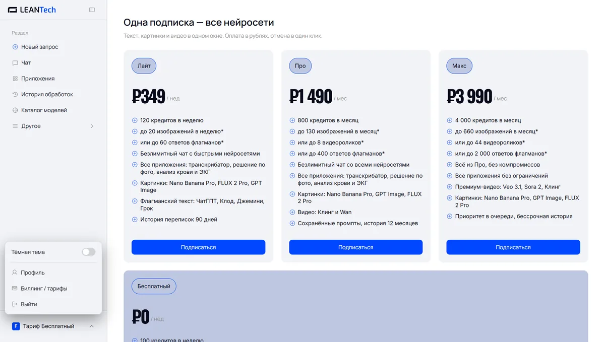 Тарифы LeanTech AI в рублях: Лайт, Про, Макс и бесплатный тариф